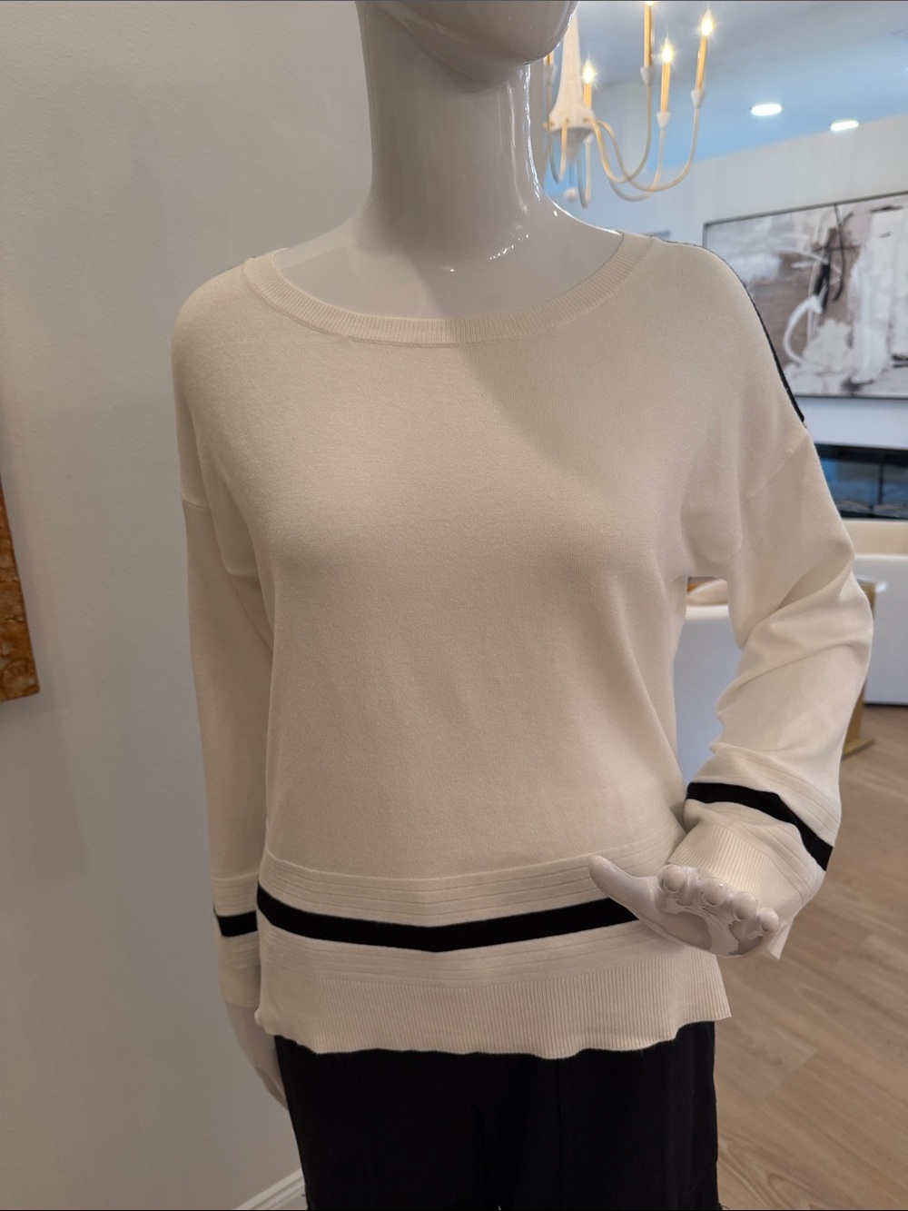 Women’s Cream Crewneck Sweater with Black Stripe